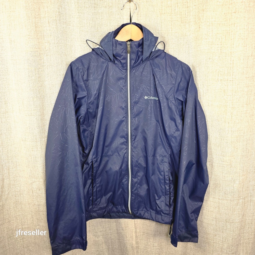 Columbia Womens SM Navy Blue Geometric Print Light Rain Jacket Packable Hood